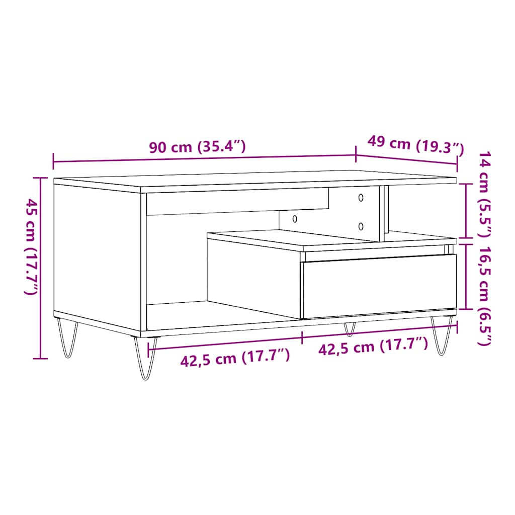 sofabord 90x49x45 cm konstrueret træ antikt trælook