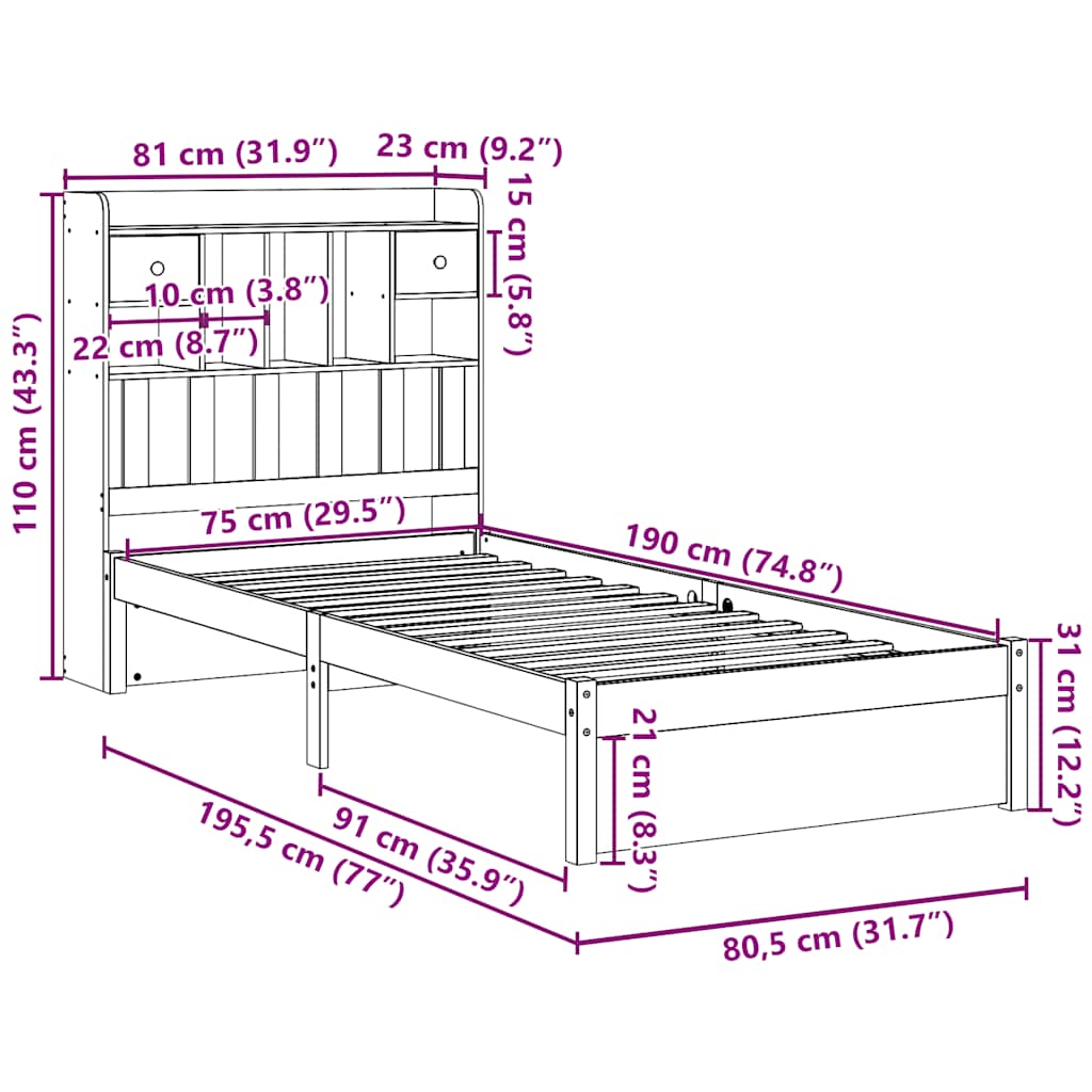 seng med reol uden madras 75x190 cm massivt fyrretræ