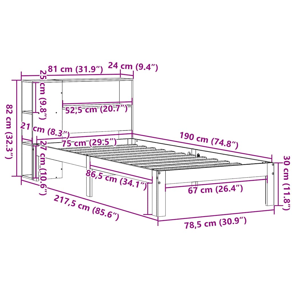 seng med reol uden madras 75x190 cm massivt fyrretræ hvid