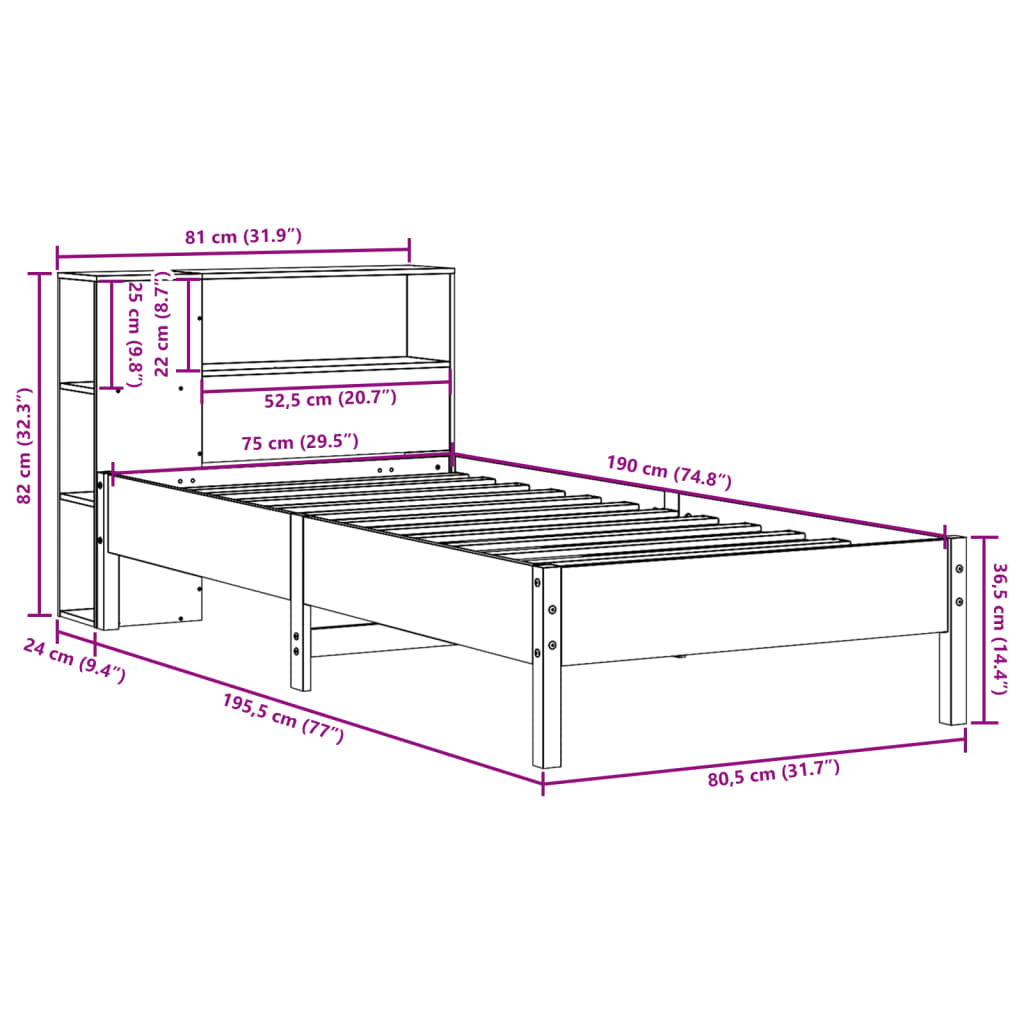 seng med reol uden madras 75x190 cm massivt fyrretræ hvid