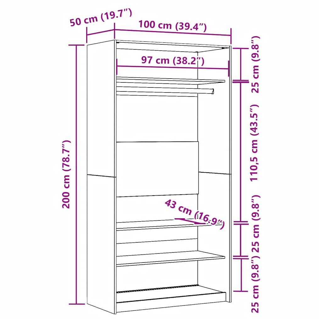 klædeskab 100x50x200 cm konstrueret træ gammelt trælook