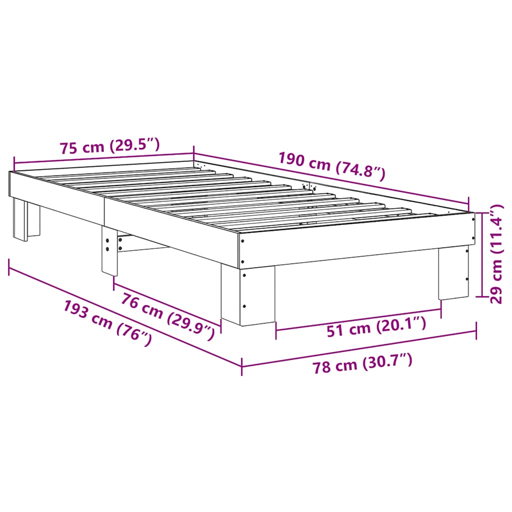 Sengeramme uden madras 75x190 cm Massivt træ Eg