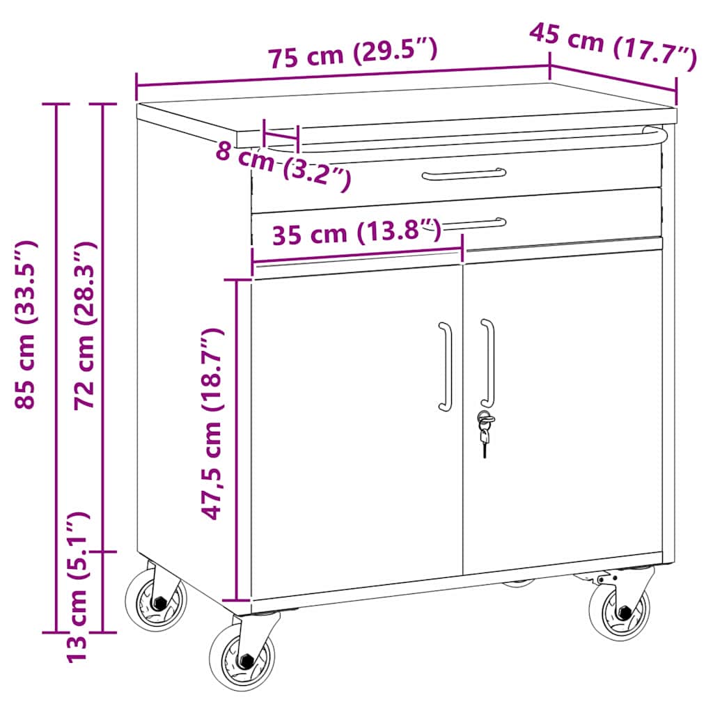 Trolley rulleværksted med skuffe Sort og grå 75 x 45 x 85 cm