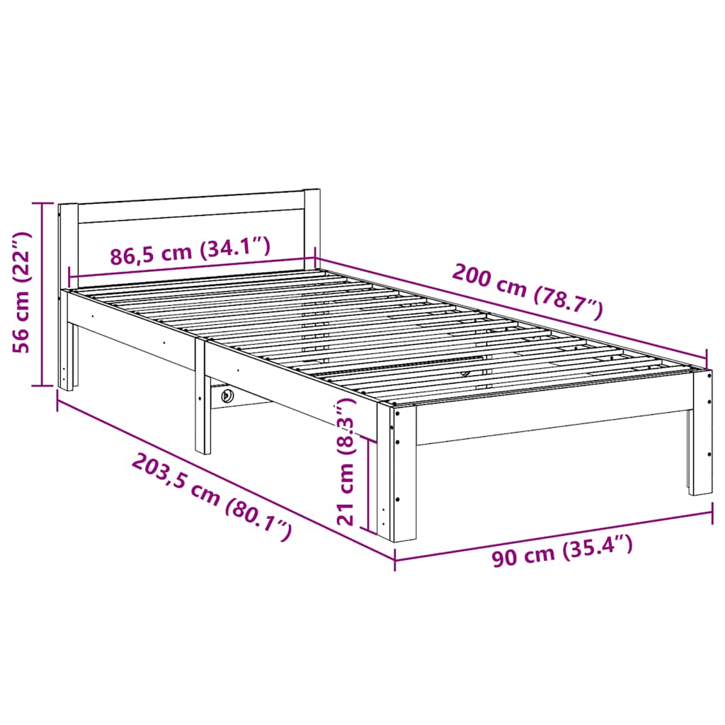 sengeramme uden madras 90x200 cm massivt fyrretræ