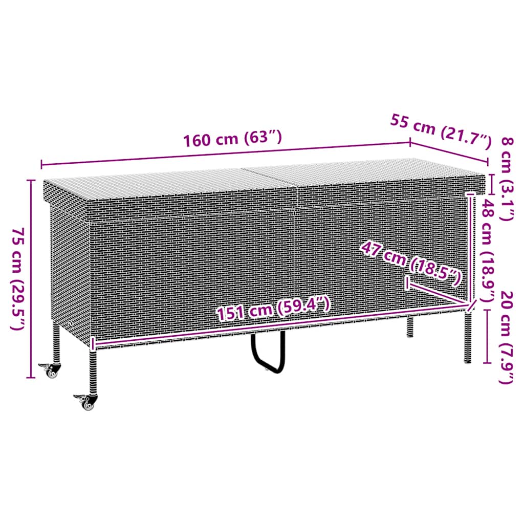 opbevaringsboks med hjul 160x55x75 cm polyrattan lysegrå