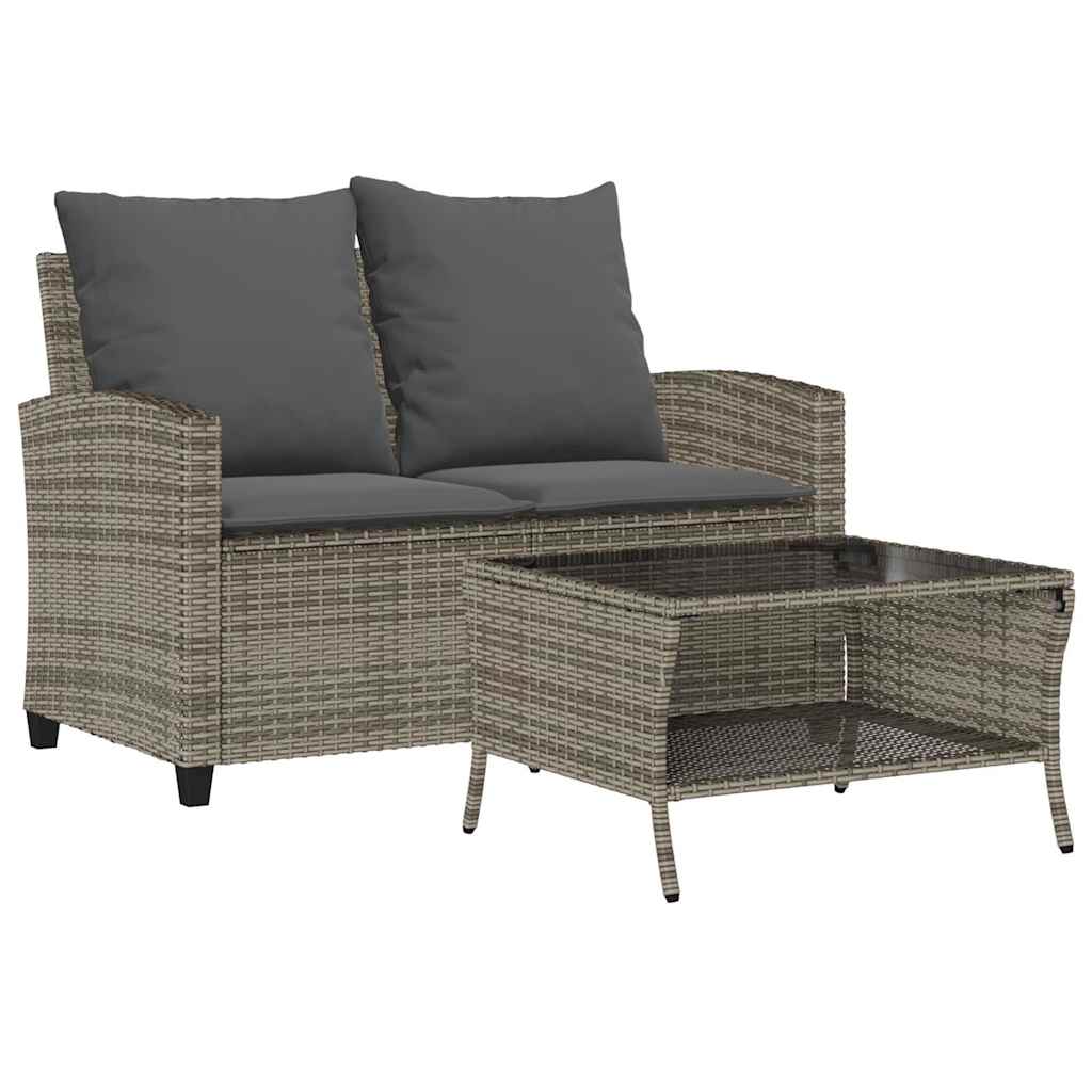 2-personers sofa med hynder og bord polyrattan grå