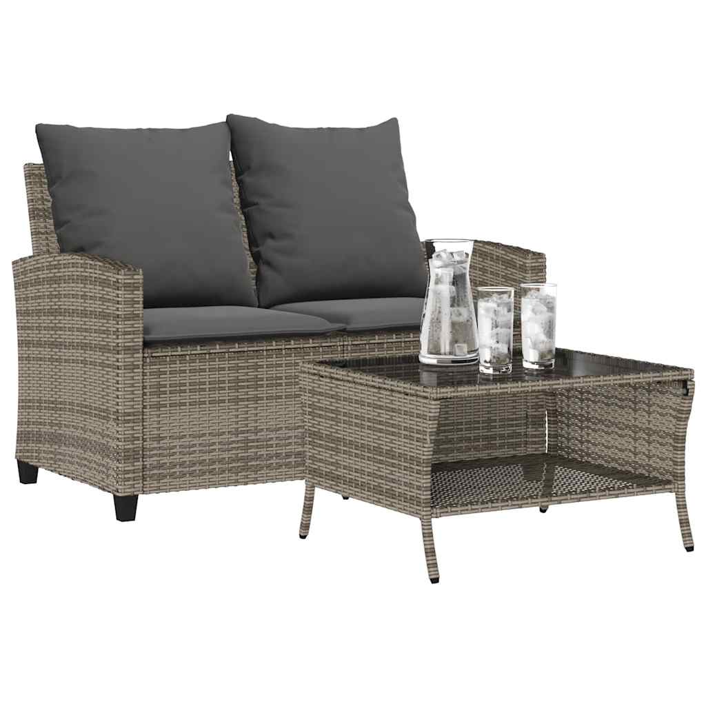 2-personers sofa med hynder og bord polyrattan grå