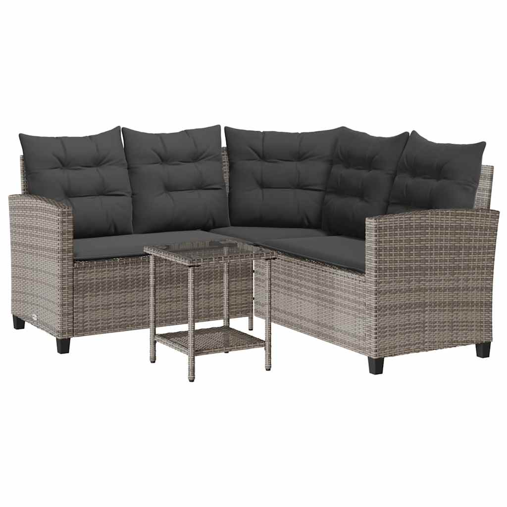 havesofa med bord og hynder L-formet polyrattan grå