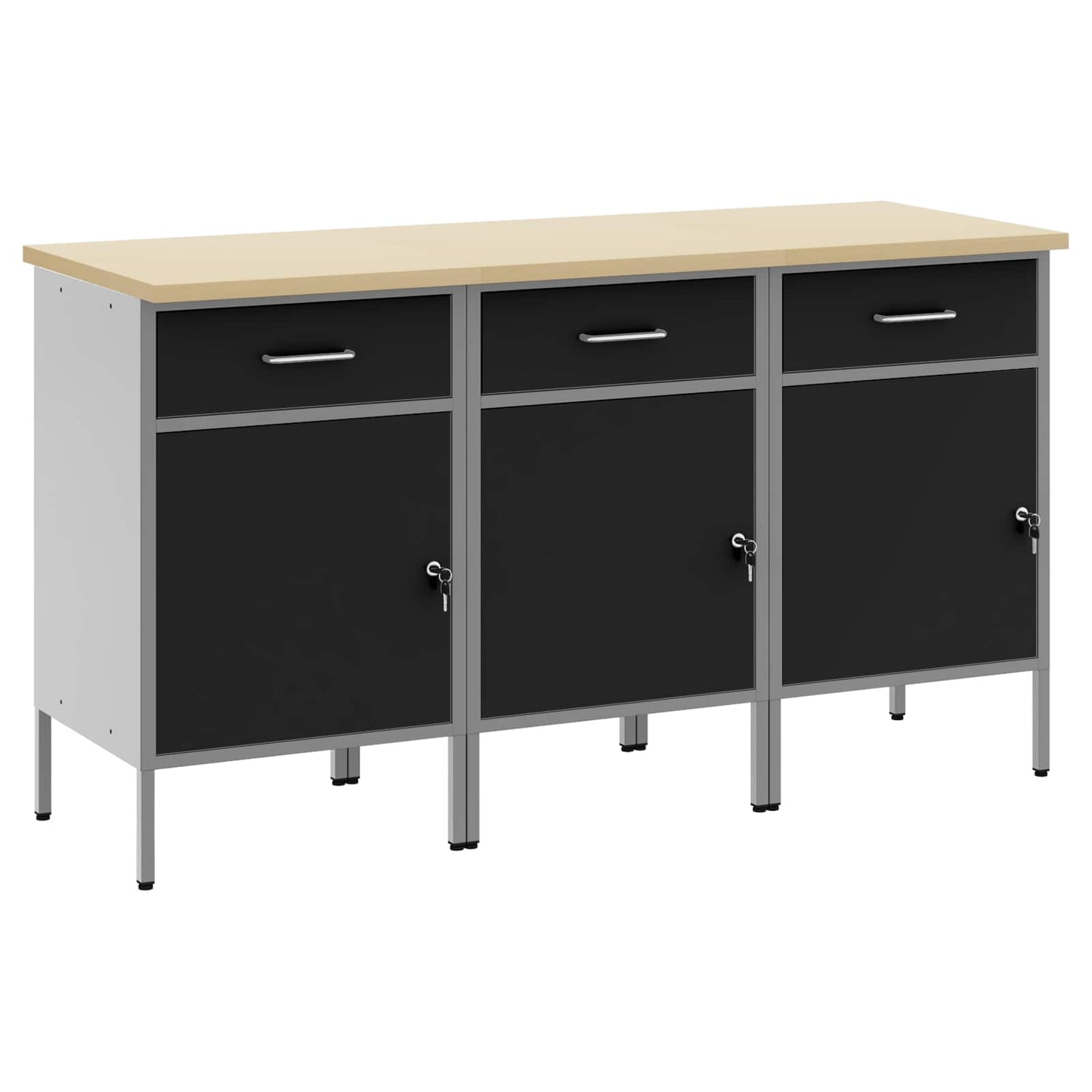 Arbejdsskab med skuffe 3 stk. Sort og grå 150 x 55 x 85 cm