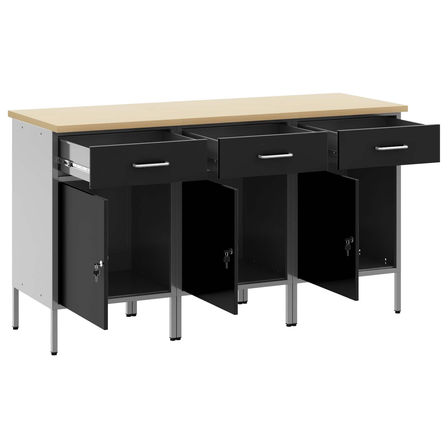Arbejdsskab med skuffe 3 stk. Sort og grå 150 x 55 x 85 cm