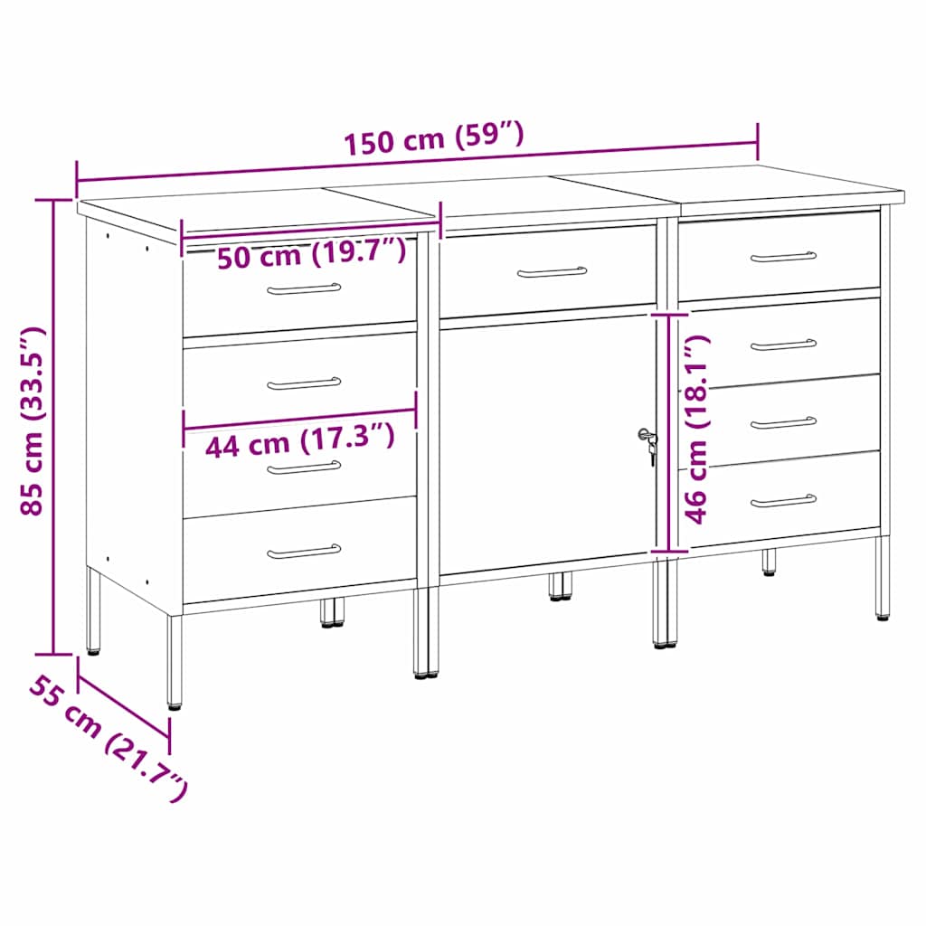 Arbejdsskab med skuffe 3 stk. Rød og Grå 150 x 55 x 85 cm