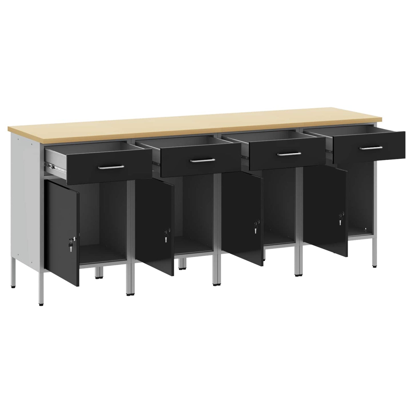 Arbejdsskab med skuffe 4 stk. Sort og grå 200 x 55 x 85 cm