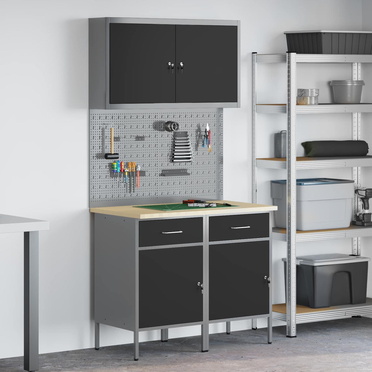 Arbejdsskab med skuffe med lås 5 stk. Sort Ingeniørtræ og stål