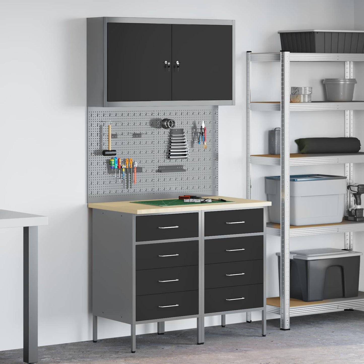 Arbejdsskab med skuffe med lås 5 stk. Sort Ingeniørtræ og stål
