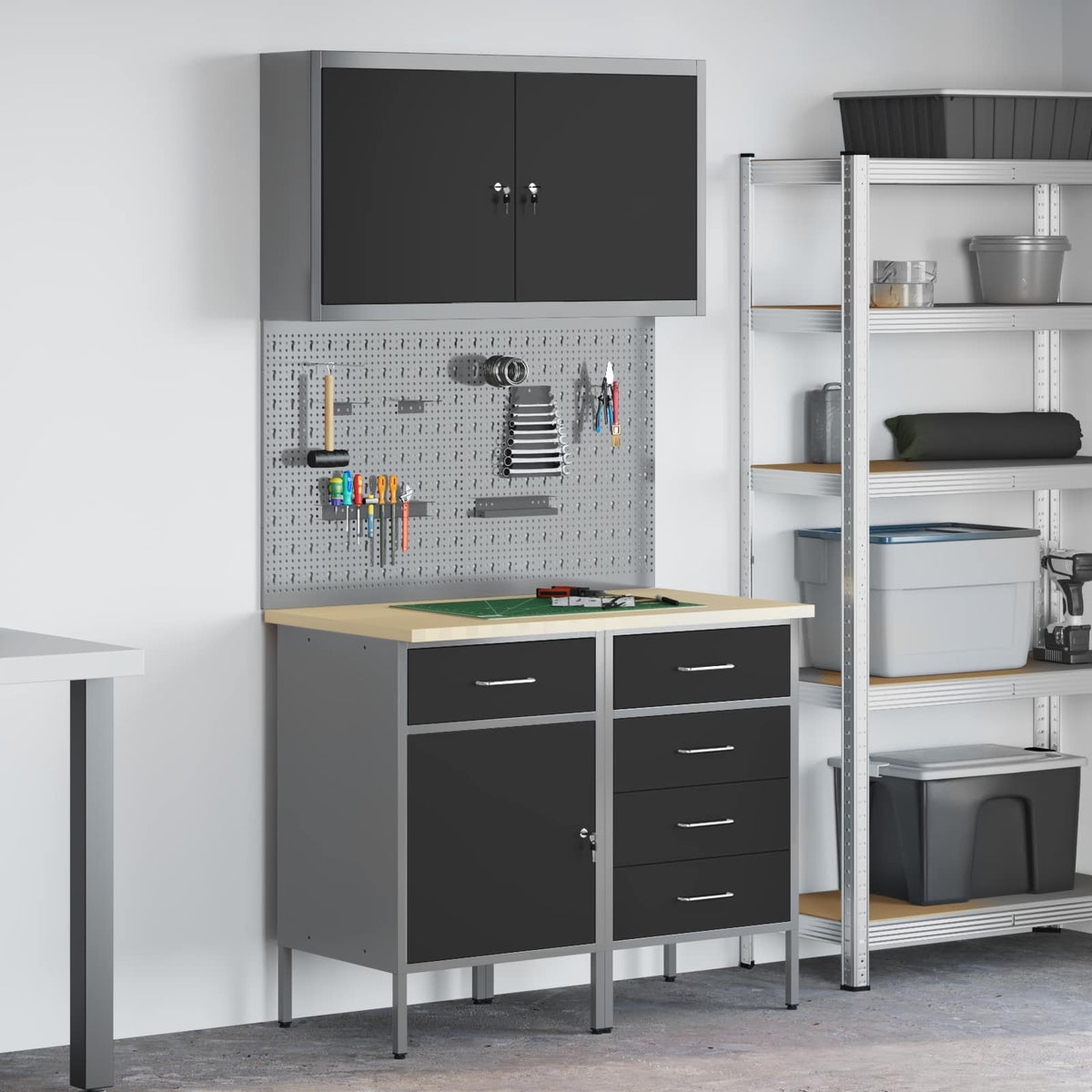 Arbejdsskab med skuffe med lås 5 stk. Sort Ingeniørtræ og stål
