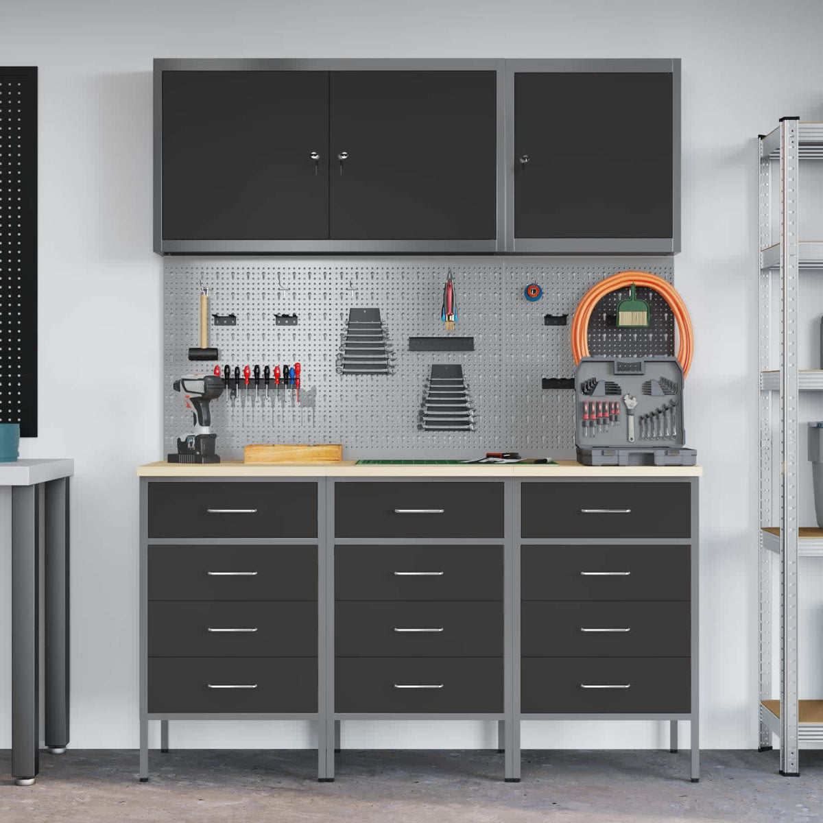 Arbejdsskab med skuffe med lås 8 stk. Sort Ingeniørtræ og stål