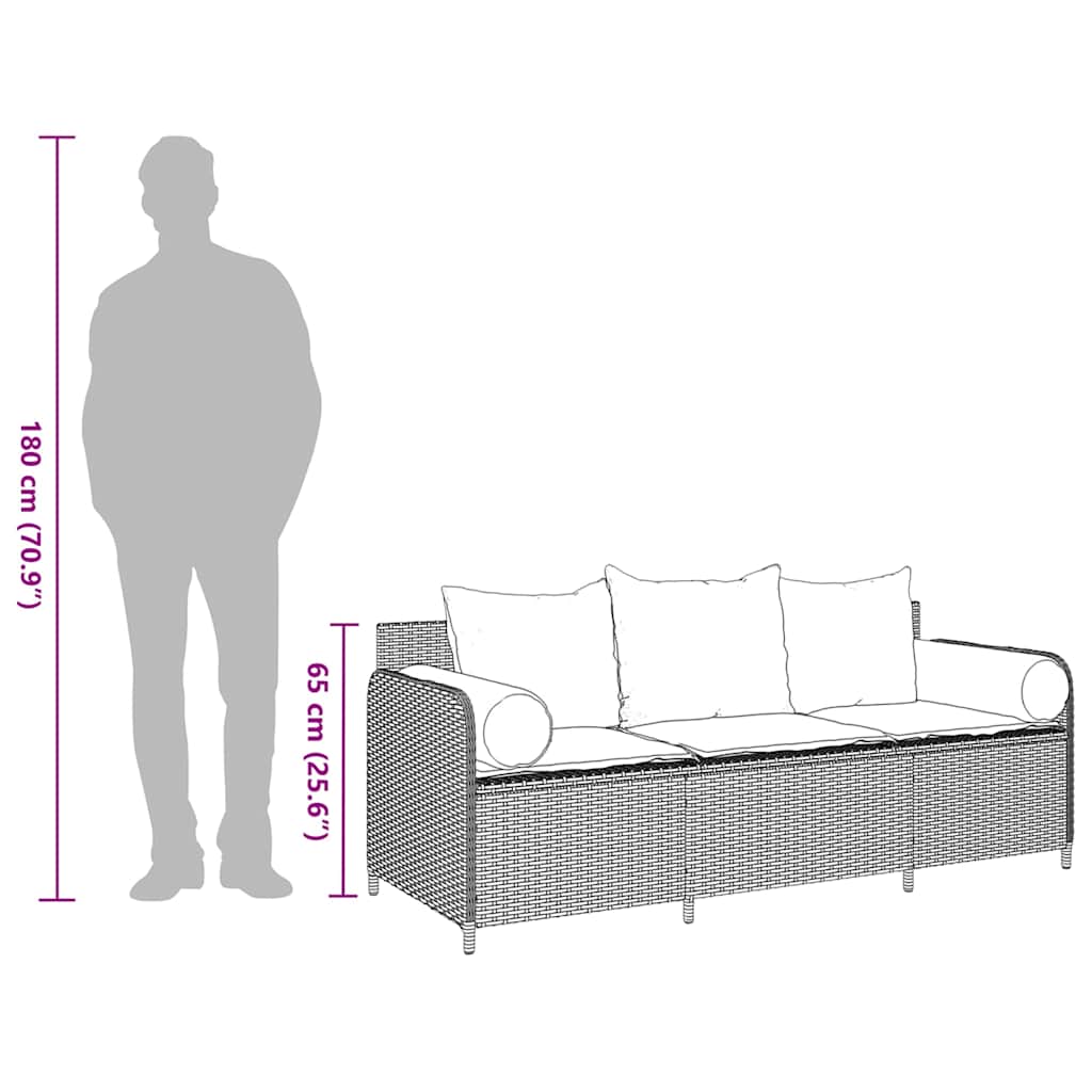 3-personers havesofa med hynder polyrattan grå