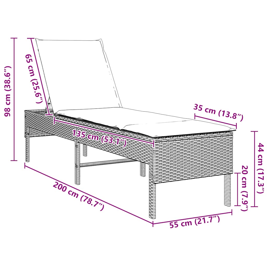 liggestol med hynde 55x200x44 cm polyrattan grå