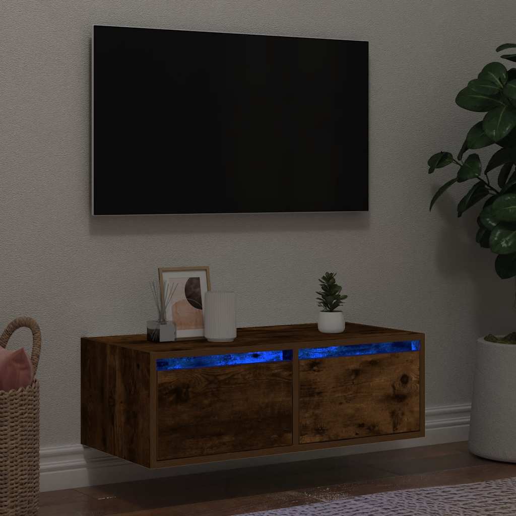 tv-bord med LED-lys 75x35,5x25 cm røget egetræsfarve