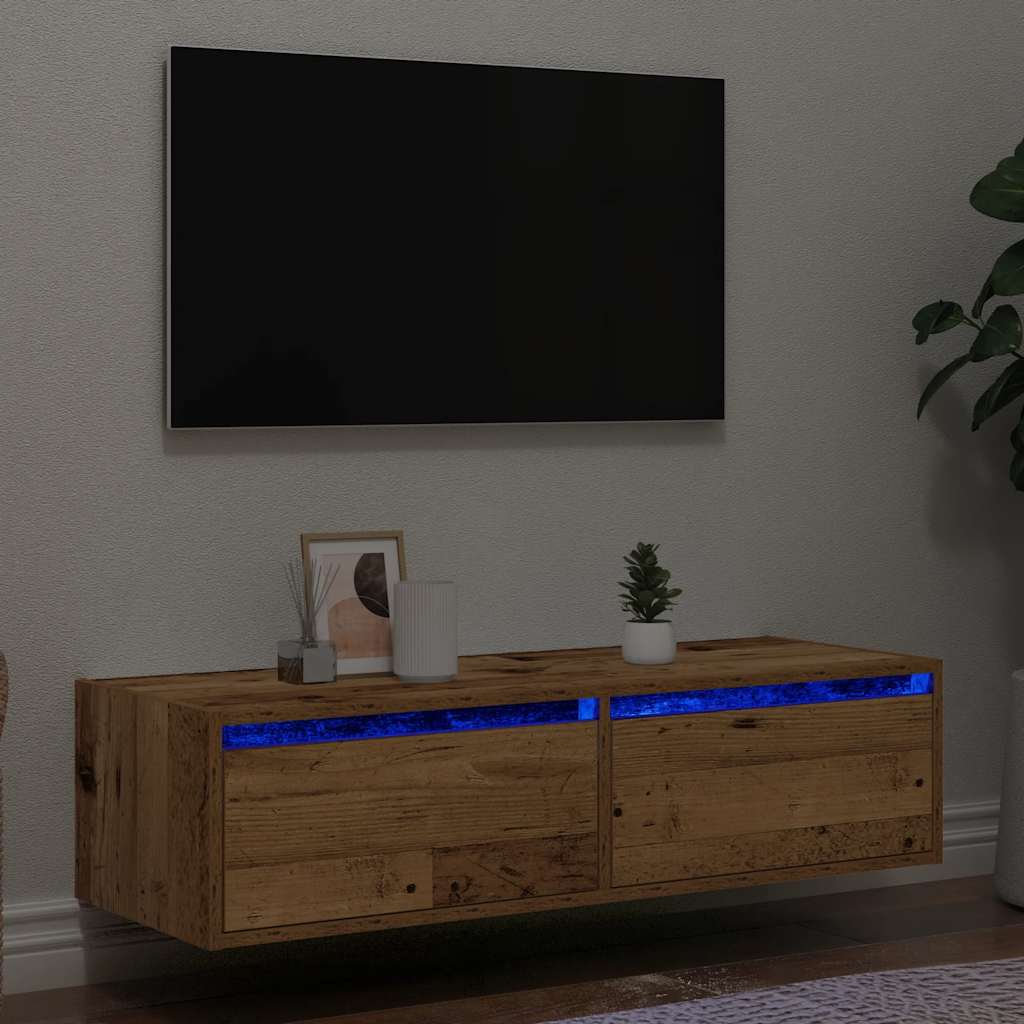 tv-bord med LED-lys 100X35,5x25 cm antikt træ