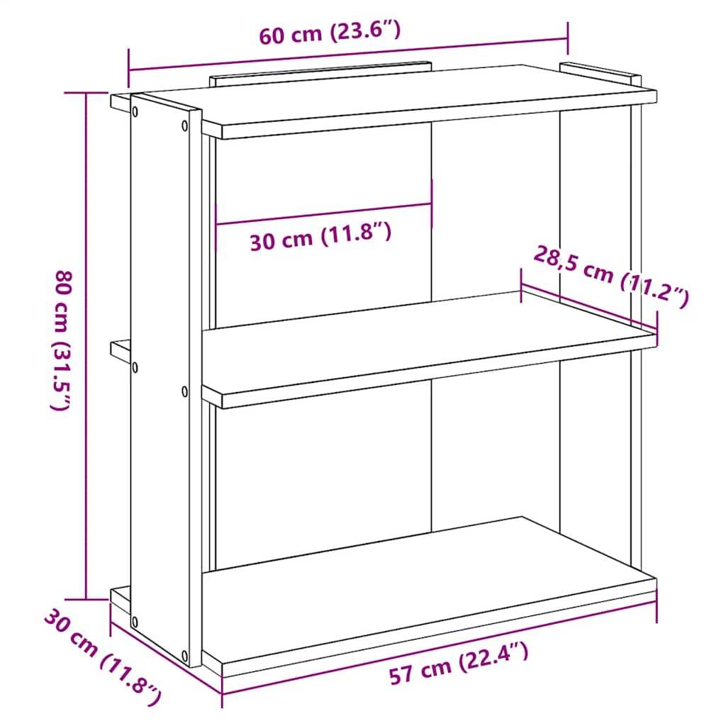 bogreol med 3 hylder 60x30x80 cm konstrueret træ hvid