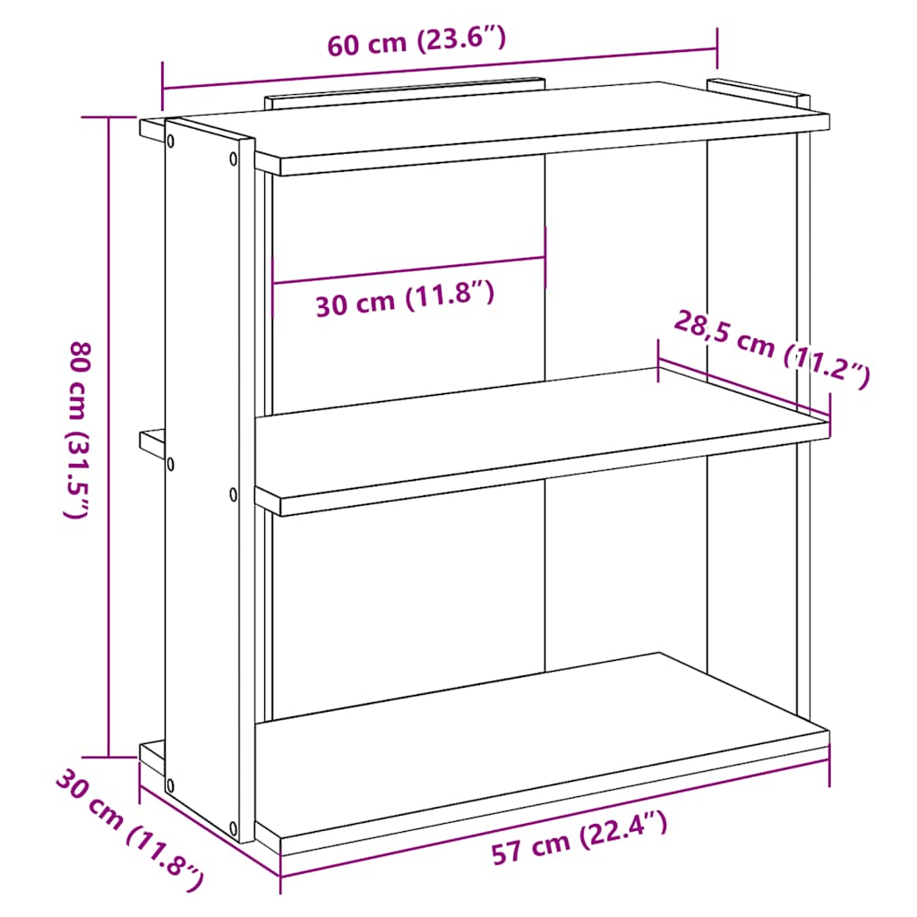 bogreol 60x30x80 cm 3 hylder konstrueret træ sonoma-eg