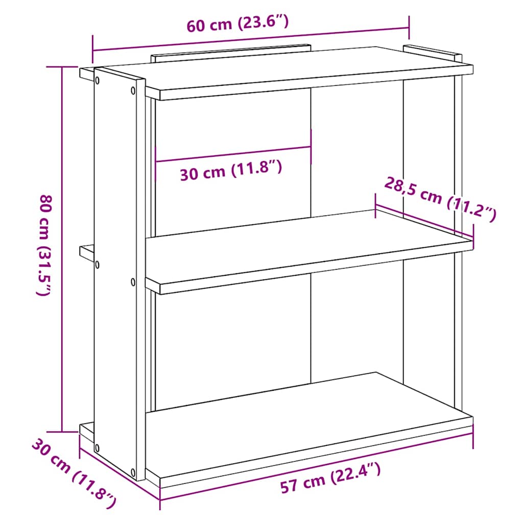 bogreol 3 hylder 60x30x80 cm konstrueret træ røget eg