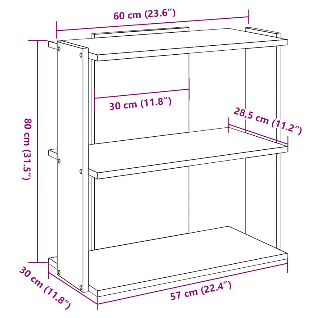 bogreol 3 hylder 60x30x80 cm konstrueret træ grå sonoma-eg