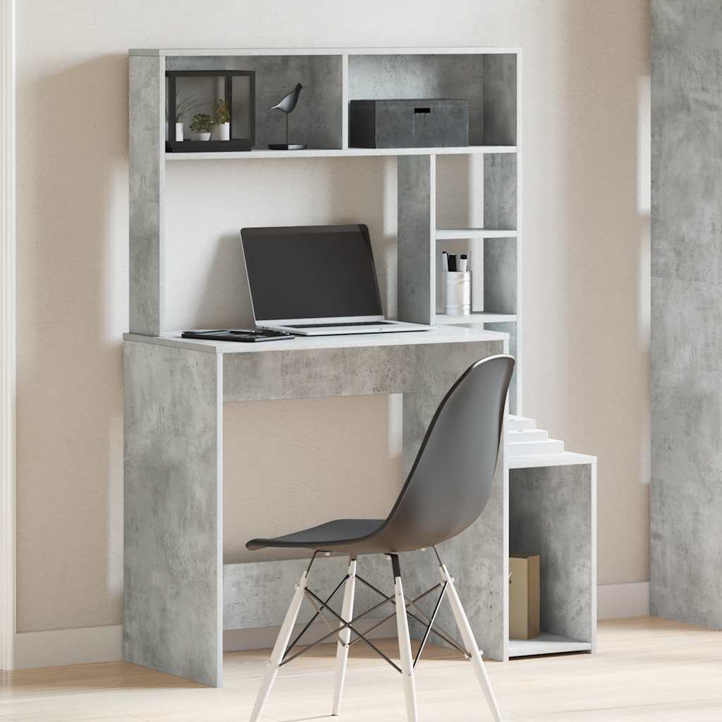 skrivebord m. hylder 100x45x140 cm konstrueret træ betongrå