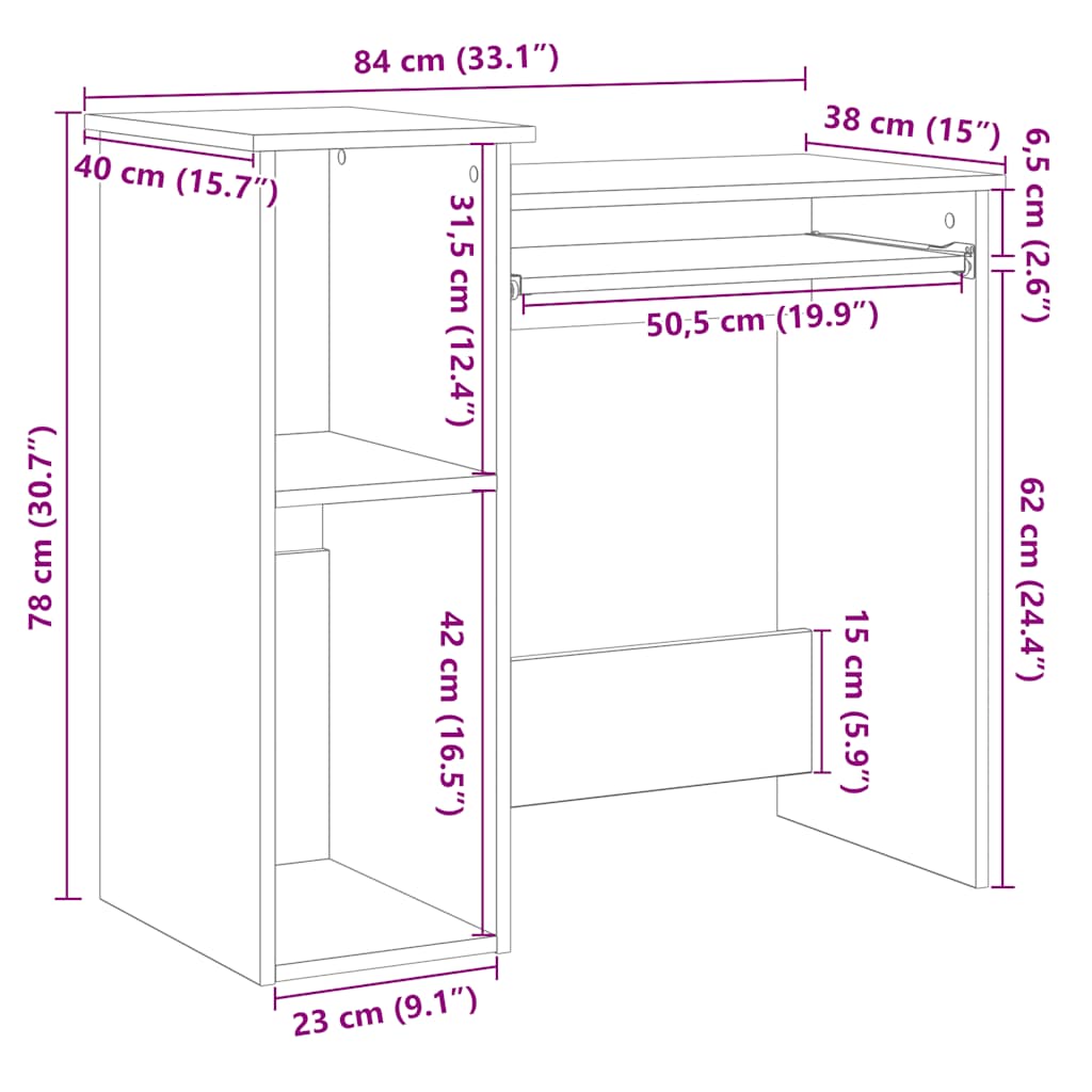 skrivebord m. hylder 84x40x78 cm konstrueret træ betongrå