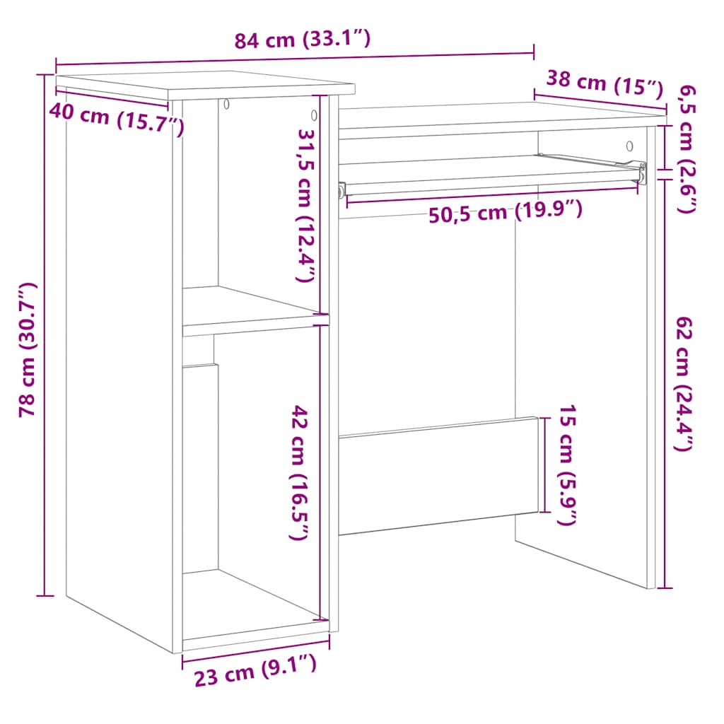 skrivebord m. hylder 84x40x78 cm konstrueret træ røget egetræ