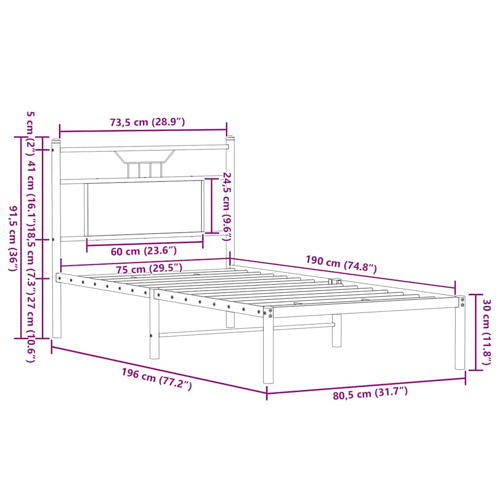 sengeramme 75x190 cm uden madras konstrueret træ sonoma-eg
