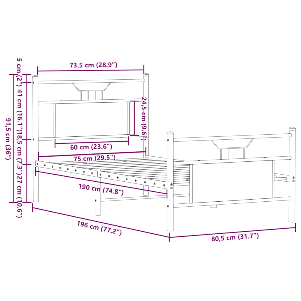 sengeramme 75x190 cm uden madras konstrueret træ sonoma-eg