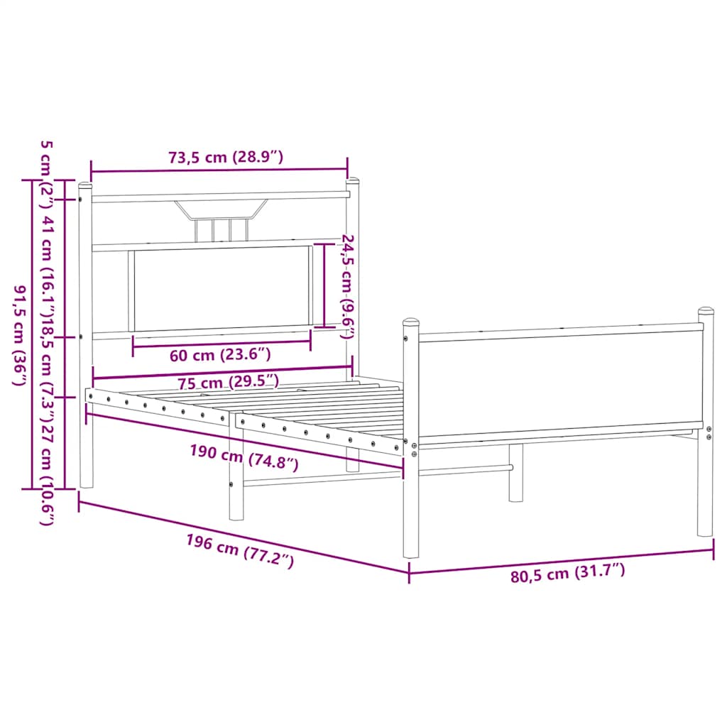 sengeramme 75x190 cm uden madras konstrueret træ sonoma-eg