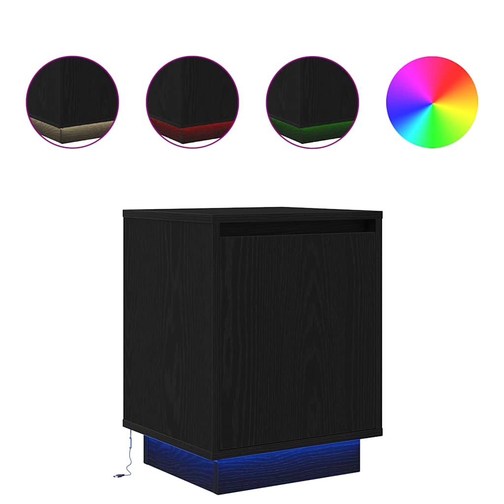 sengeskabe 2 stk. med LED-lys 38x34x50 cm sort
