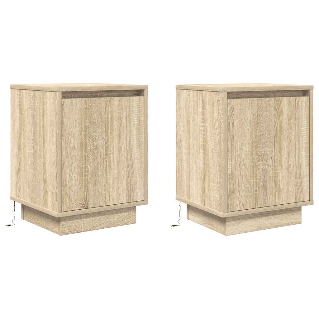 sengeskabe 2 stk. med LED-lys 38x34x50 cm sonoma-eg