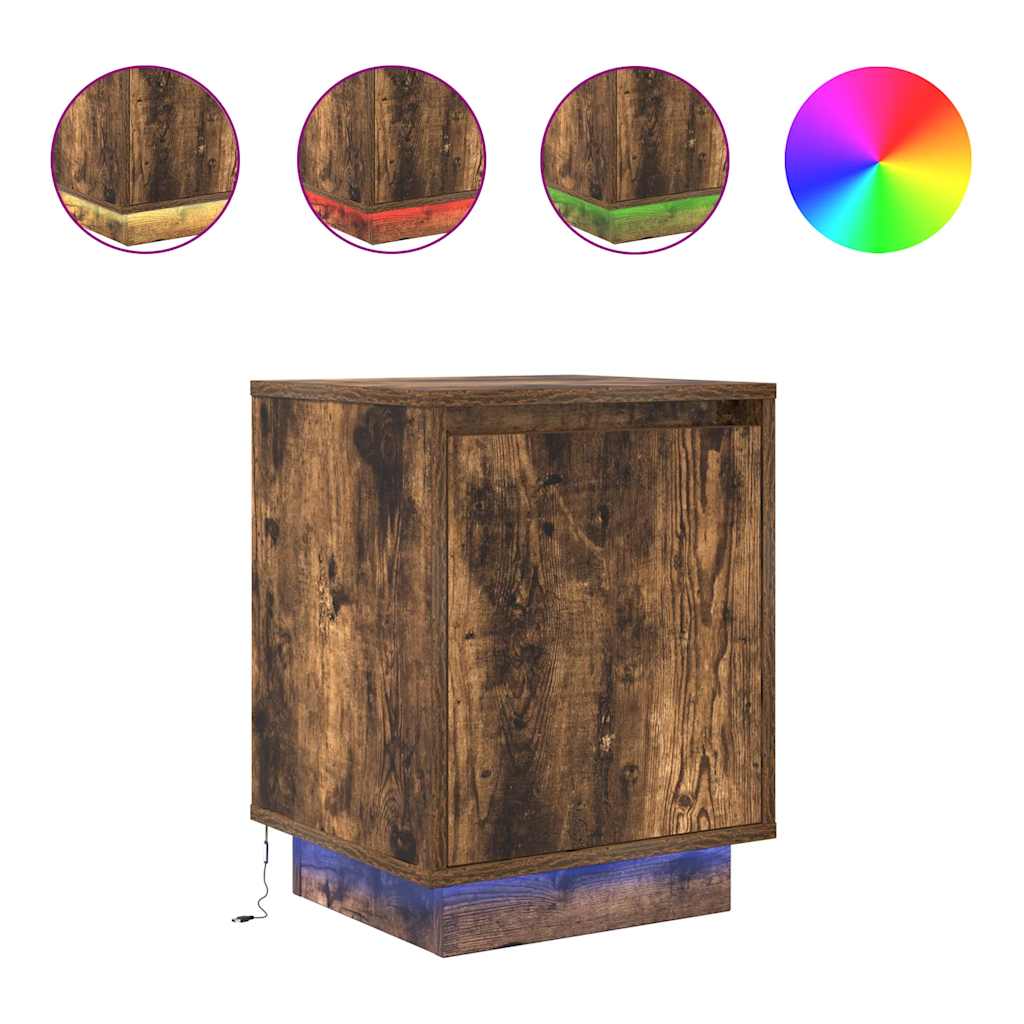 sengeskabe 2 stk. med LED-lys 38x34x50 cm røget egetræsfarve