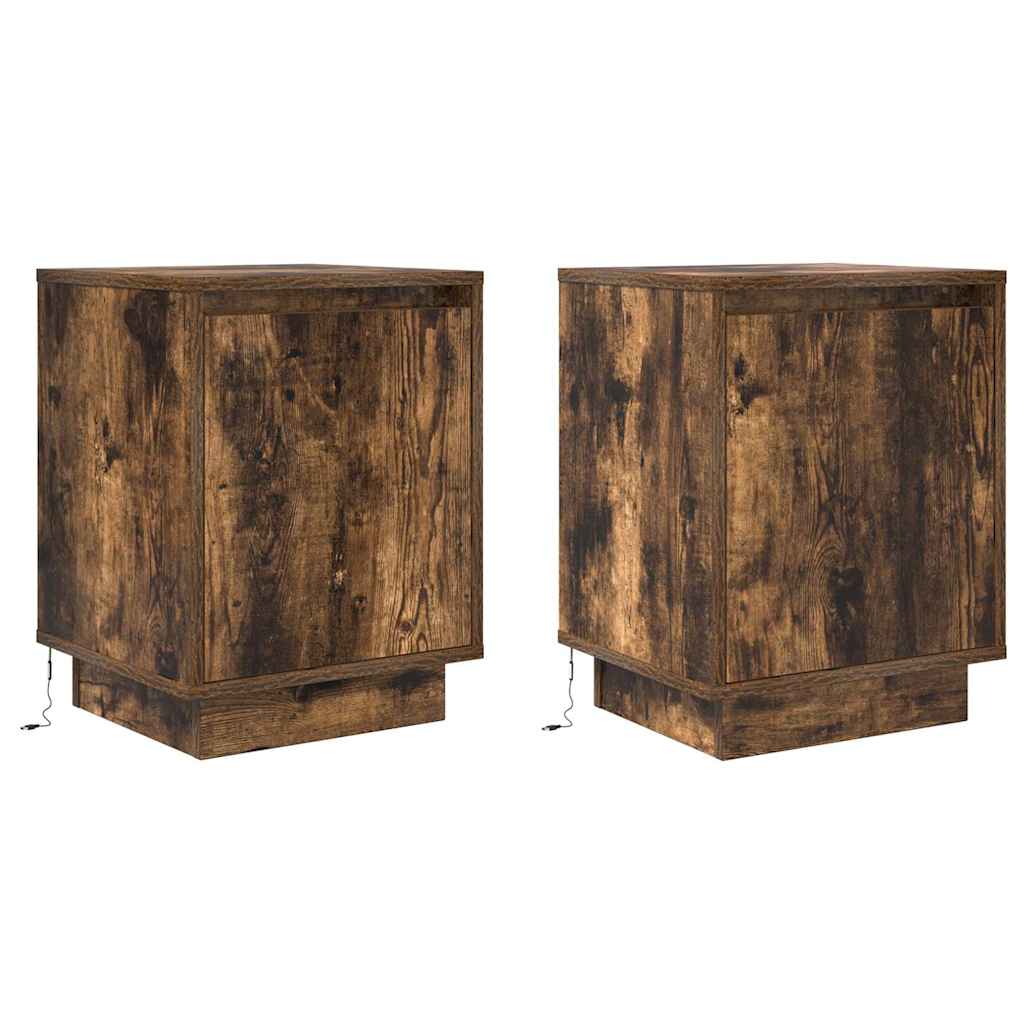 sengeskabe 2 stk. med LED-lys 38x34x50 cm røget egetræsfarve