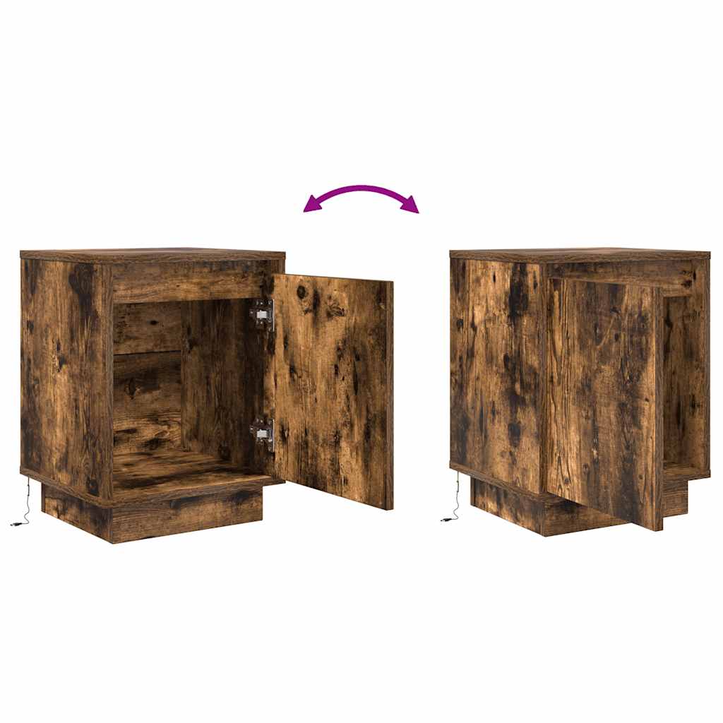 sengeskabe 2 stk. med LED-lys 38x34x50 cm røget egetræsfarve