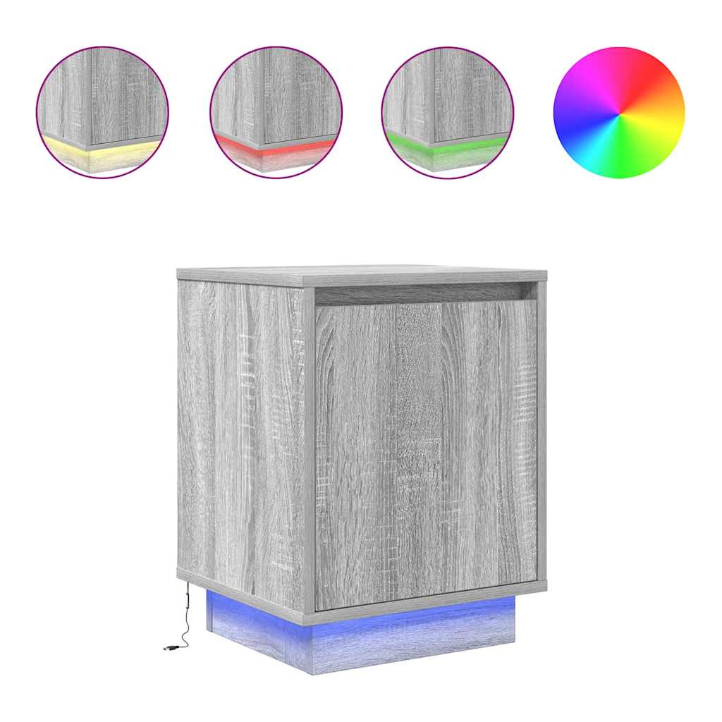 sengeskabe 2 stk. med LED-lys 38x34x50 cm grå sonoma-eg
