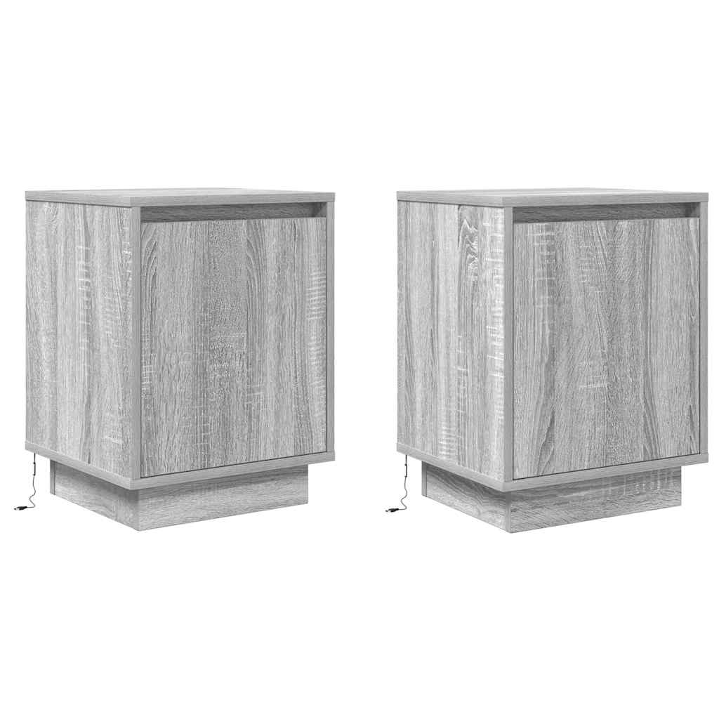 sengeskabe 2 stk. med LED-lys 38x34x50 cm grå sonoma-eg