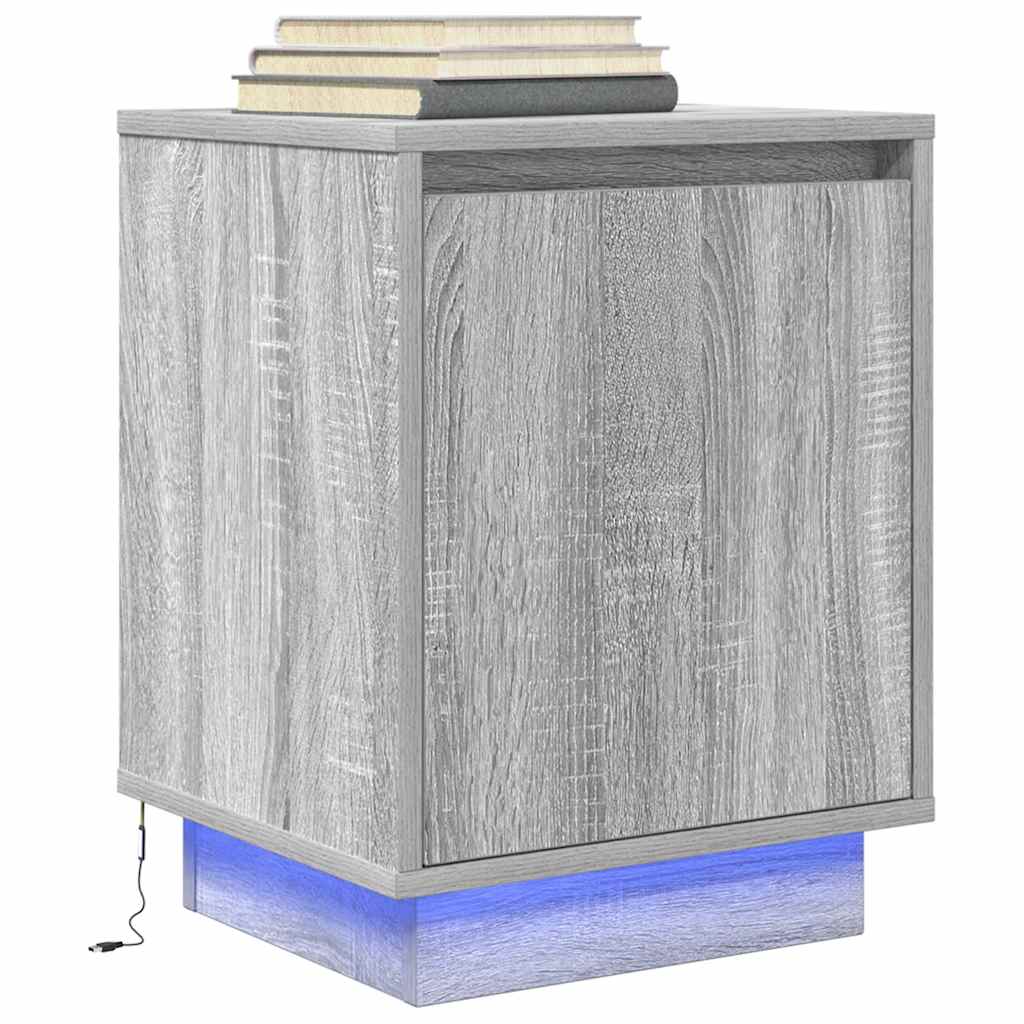 sengeskabe 2 stk. med LED-lys 38x34x50 cm grå sonoma-eg