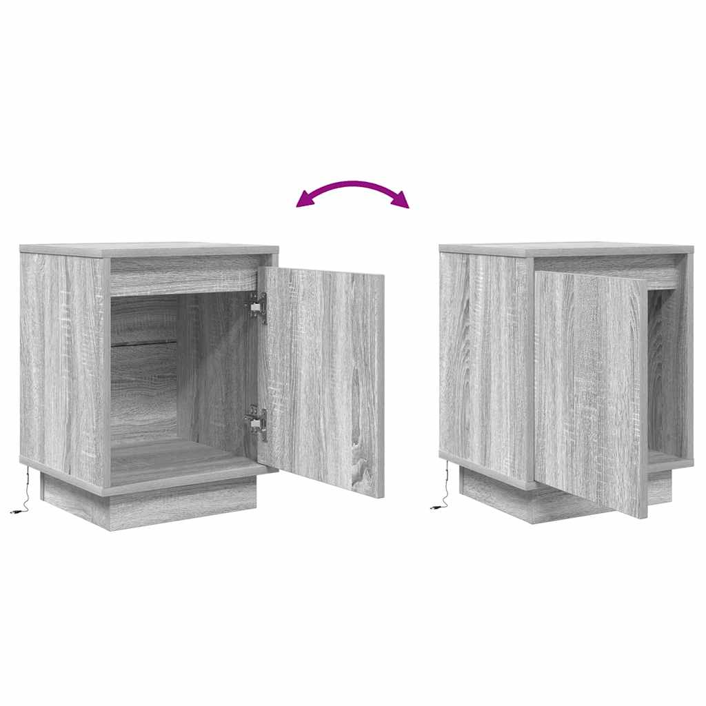 sengeskabe 2 stk. med LED-lys 38x34x50 cm grå sonoma-eg