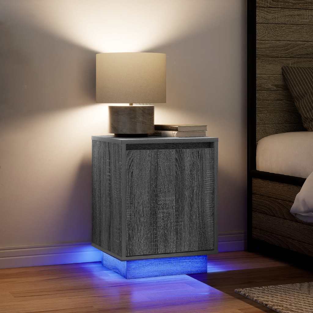 sengeskabe 2 stk. med LED-lys 38x34x50 cm grå sonoma-eg