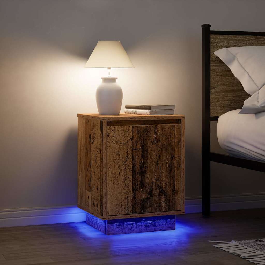 Sengeskab med LED-lys i gammelt træ 38x34x50 cm