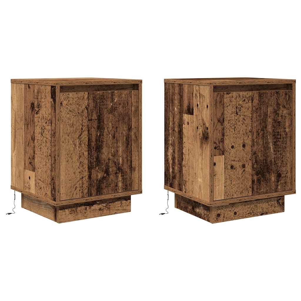 sengeskabe 2 stk. med LED-lys 38x34x50 cm gammelt træ-look