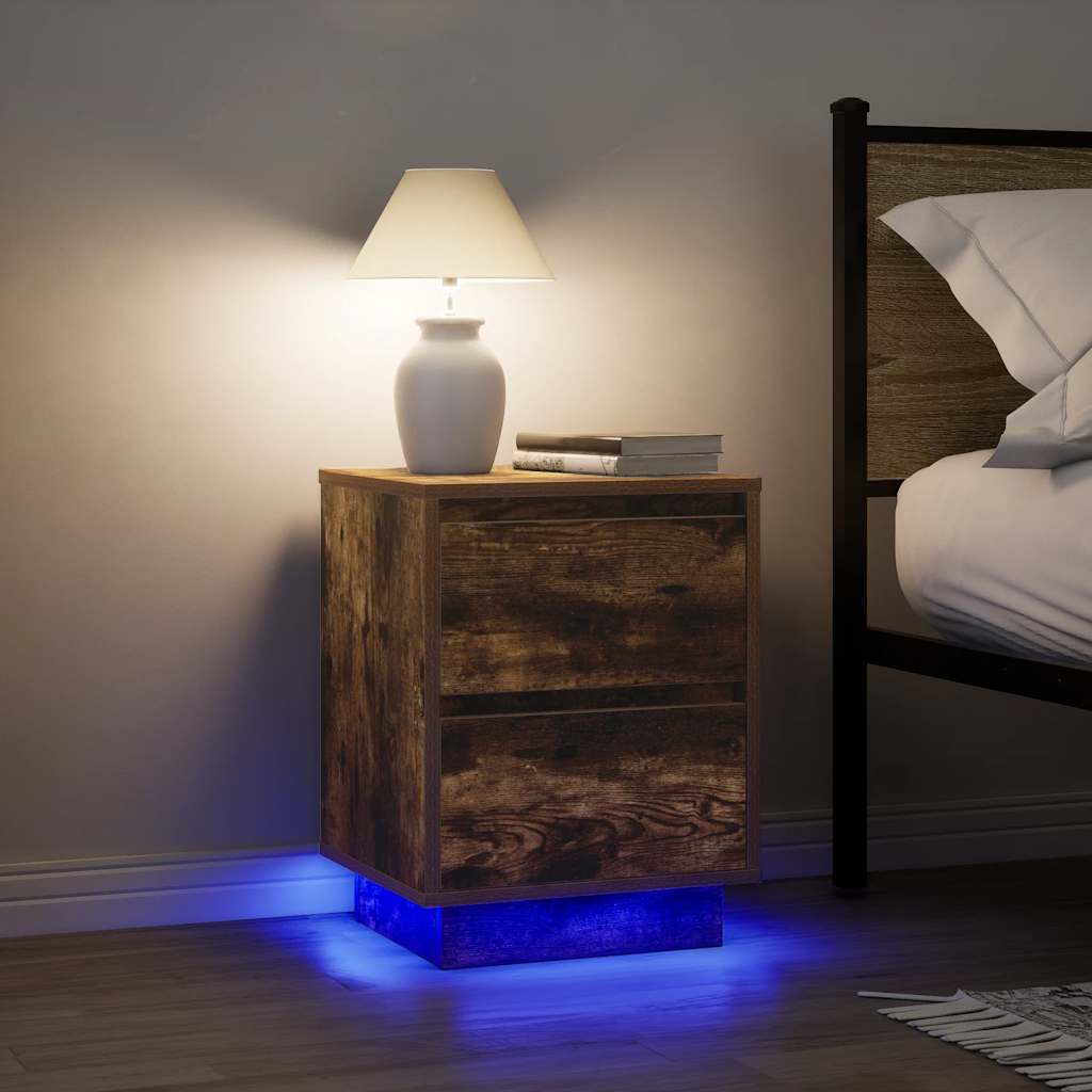 sengeskabe 2 stk. med LED-lys 38x34x50 cm røget egetræsfarve