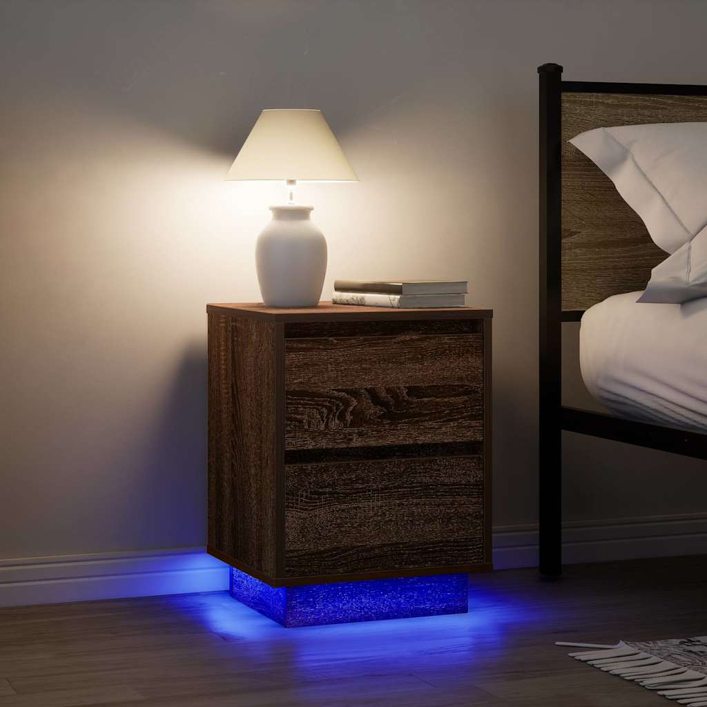 Sengeskab med LED-lys Brun Eg 38x34x50 cm