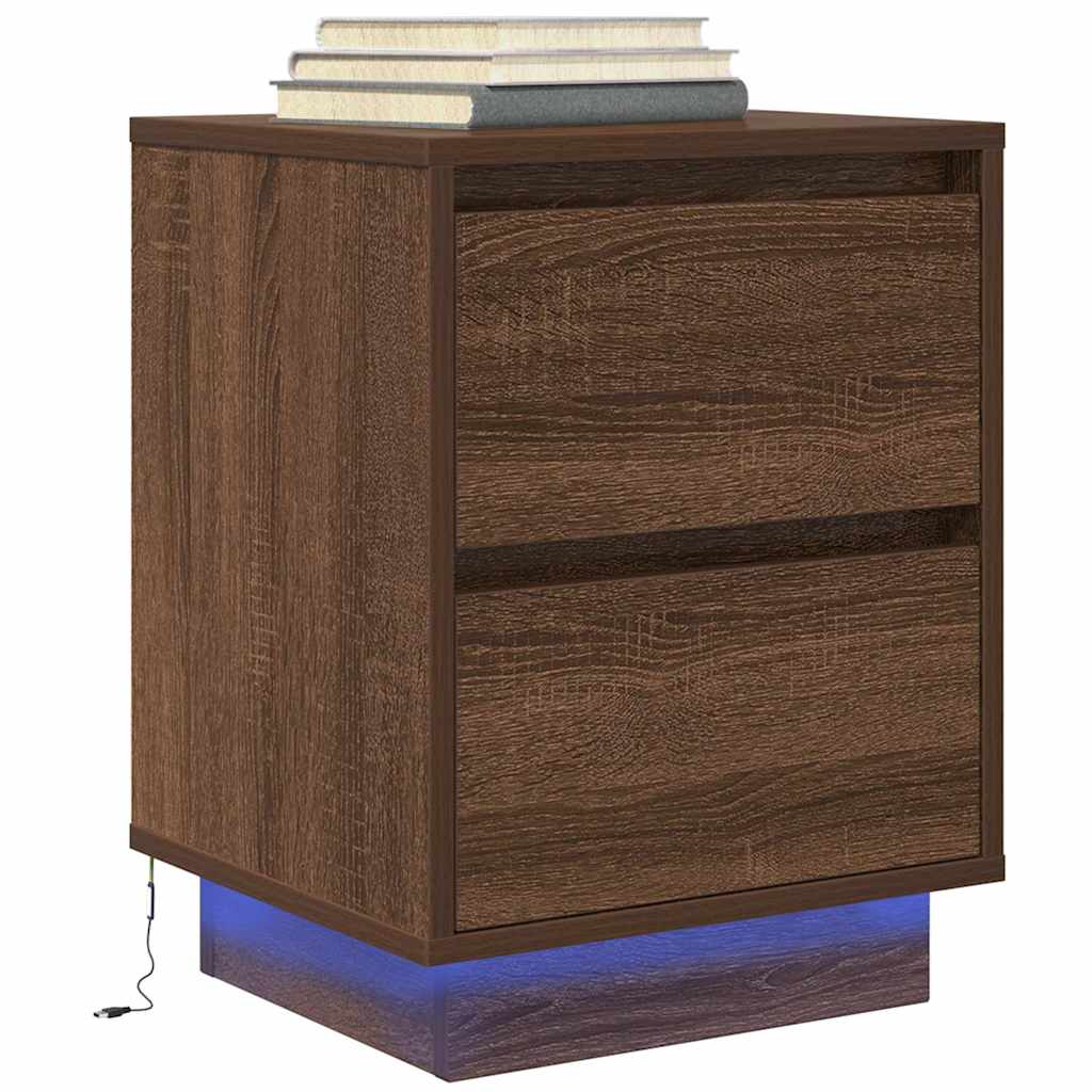 Sengeskab med LED-lys Brun Eg 38x34x50 cm