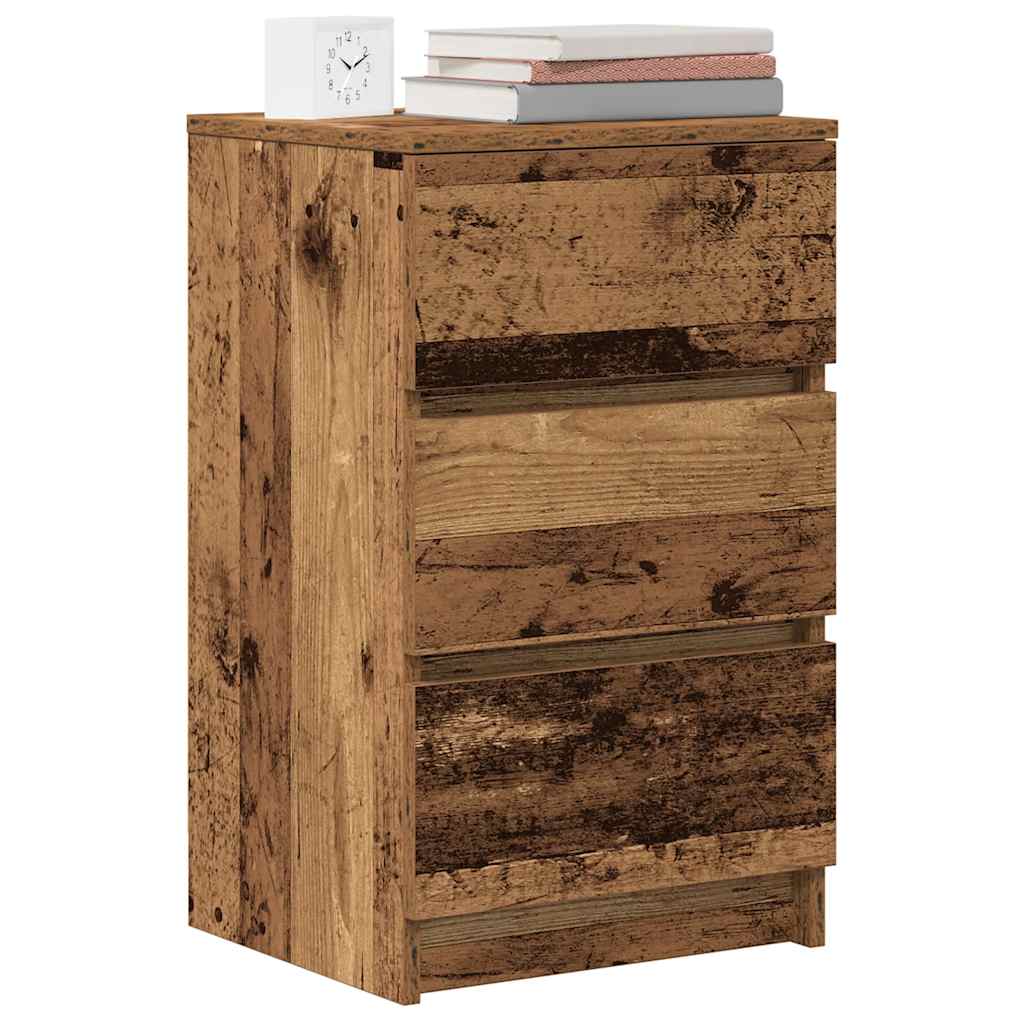 sengebord med 3 skuffer 39x35x65 cm gammelt træ-look